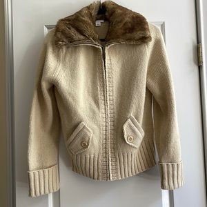 ANN TAYLOR LOFT SWEATER JACKET FAUX FUR COLLAR LARGE